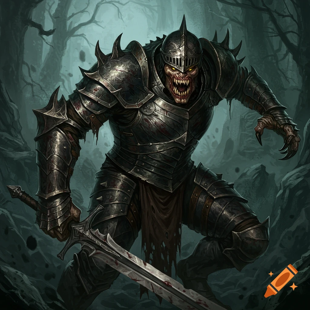A monstrous knight in dark armor holds a sword in a dark forest.
