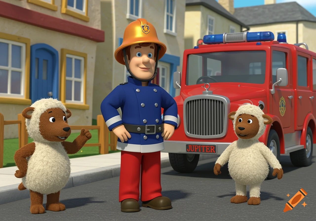 Fireman Sam stands with two lambs in front of a red fire engine.