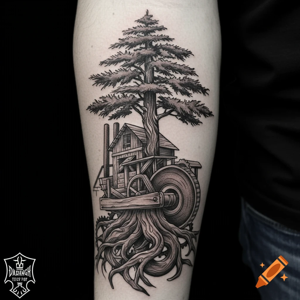 Monochrome forearm tattoo showing a tree growing from a sawmill structure with roots intertwined with gears.