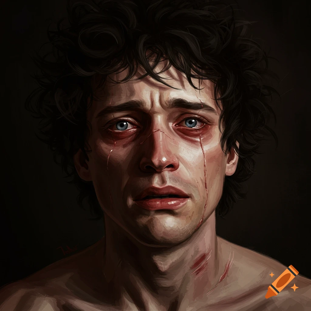 Digital painting portrait of a crying man with cuts and blood on his face.