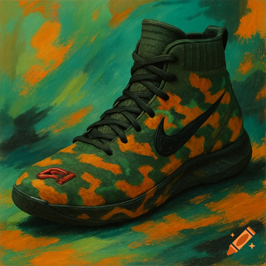 High-top shoe with green and orange camouflage pattern and red symbol on the front, against a painterly background.