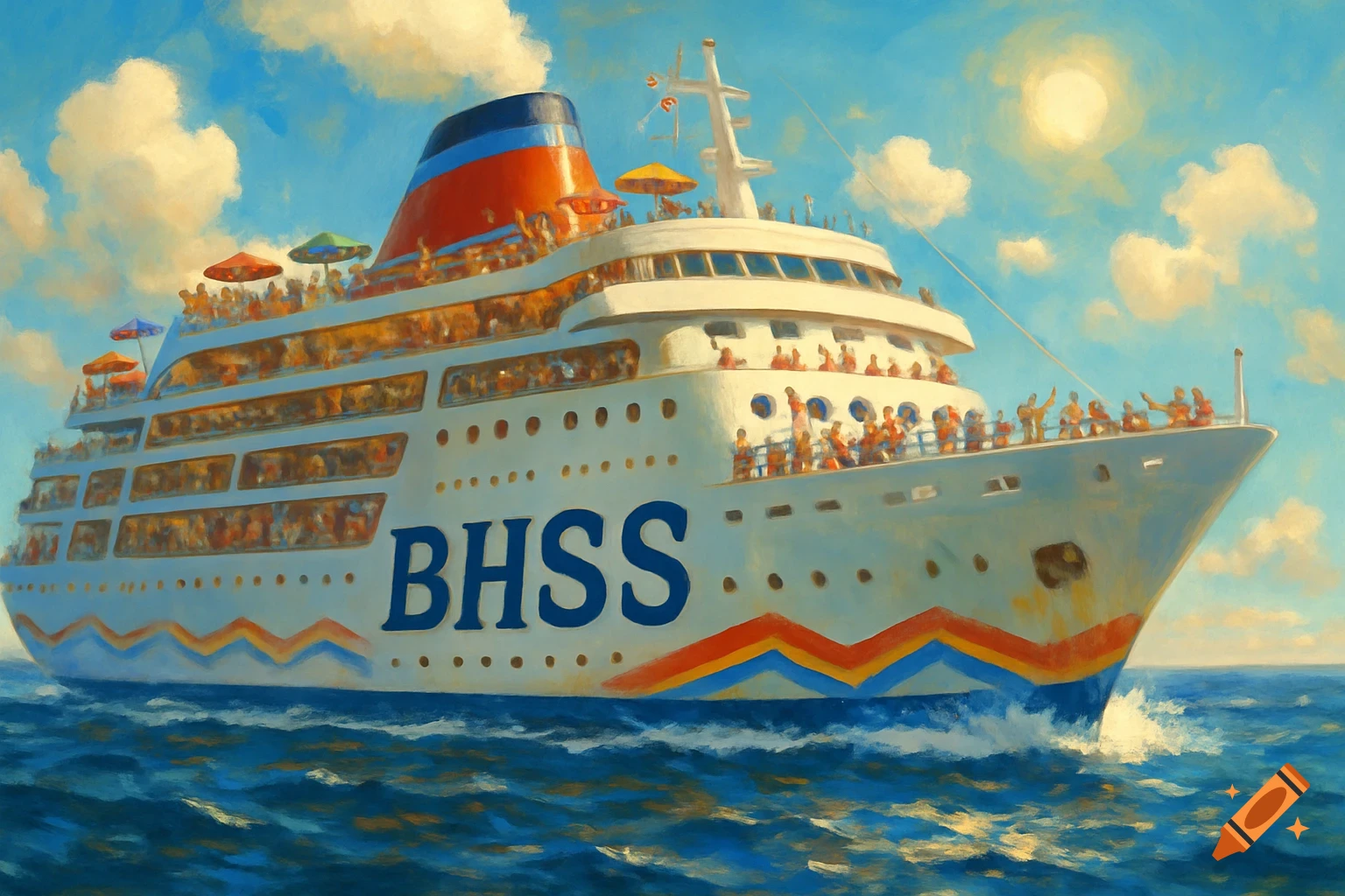 A painterly image of a cruise ship sailing on a sunny day.