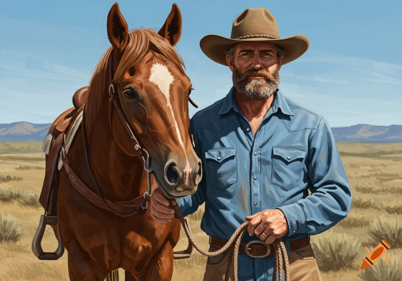 Illustration of a cowboy standing next to his horse in a western landscape