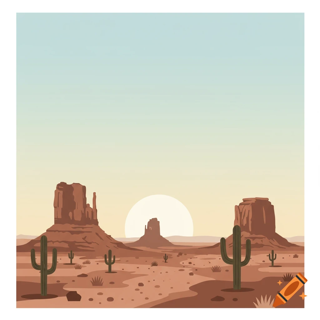 Vector art of a desert landscape with mesas, buttes, cacti, and a large sun.