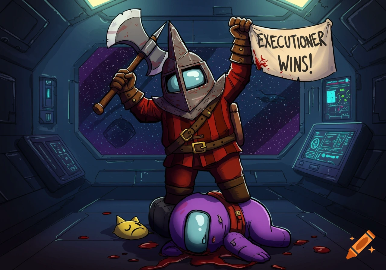 Cartoon of an Among Us executioner character holding an axe and banner over a defeated character in a spaceship.