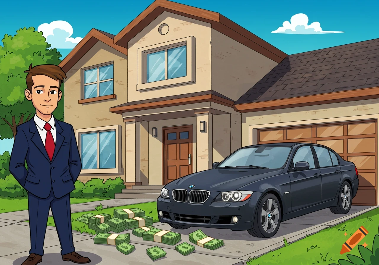 A cartoon illustration of a man in a suit standing in front of a house with piles of money and a car.