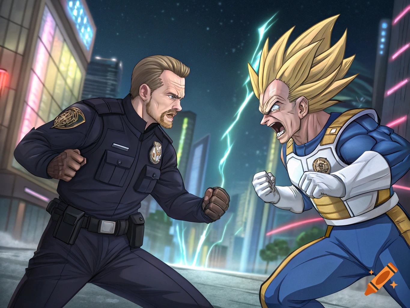 A police officer fights Dragon Ball Z character Vegeta in a stylized city street.