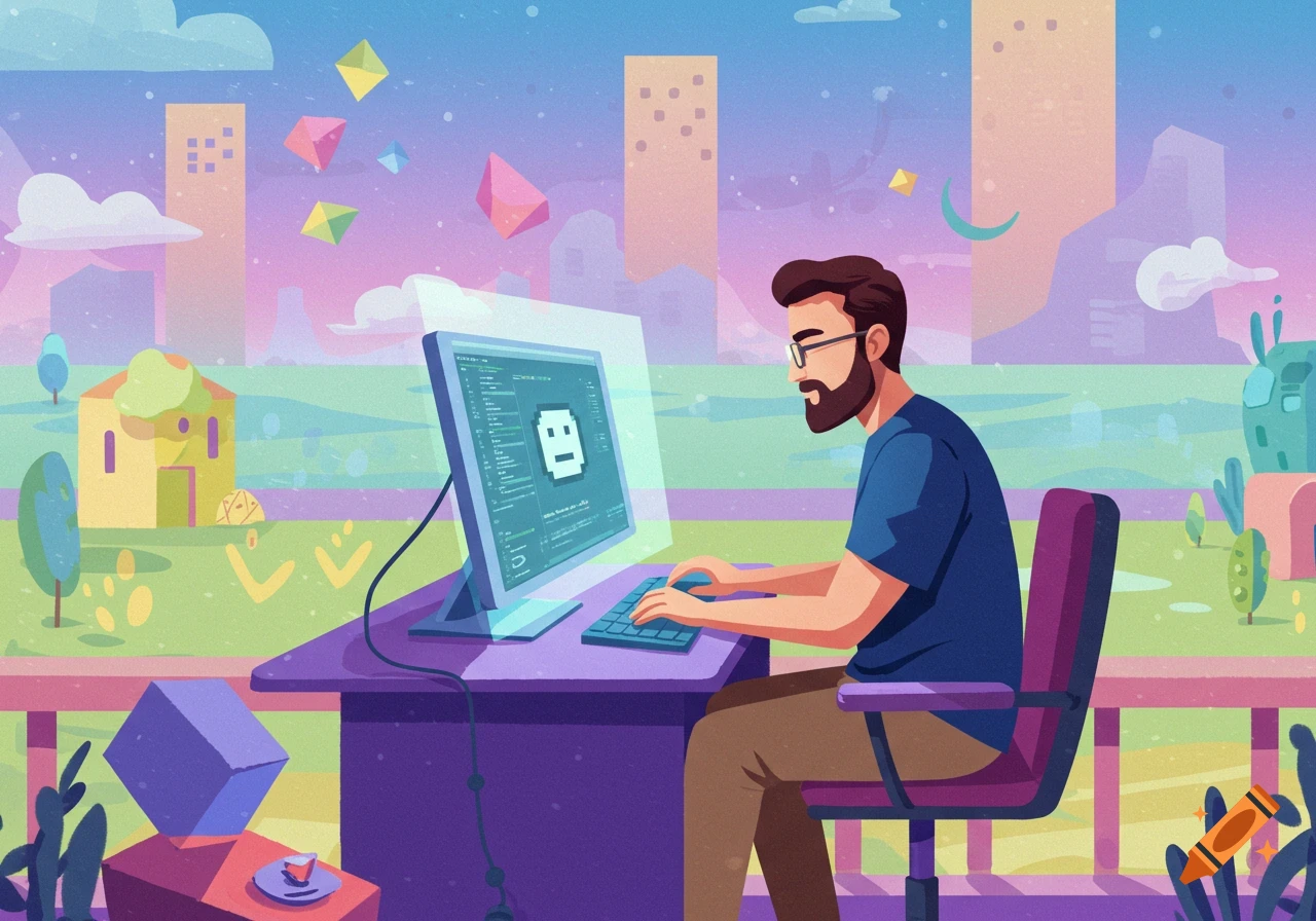 Illustration of a man coding on a computer outdoors in a colorful, stylized world.