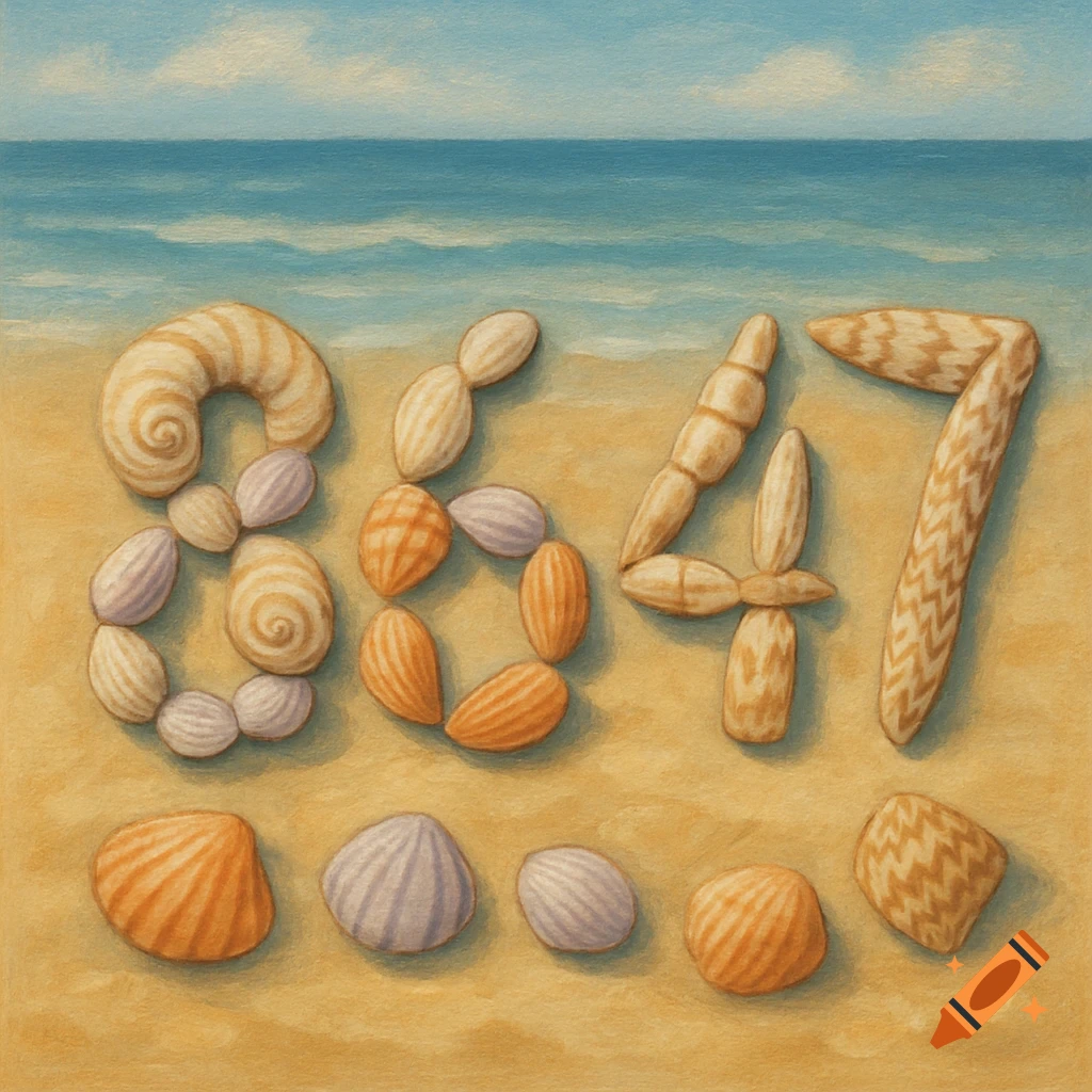 Numbers formed by seashells on a sandy beach, illustration.