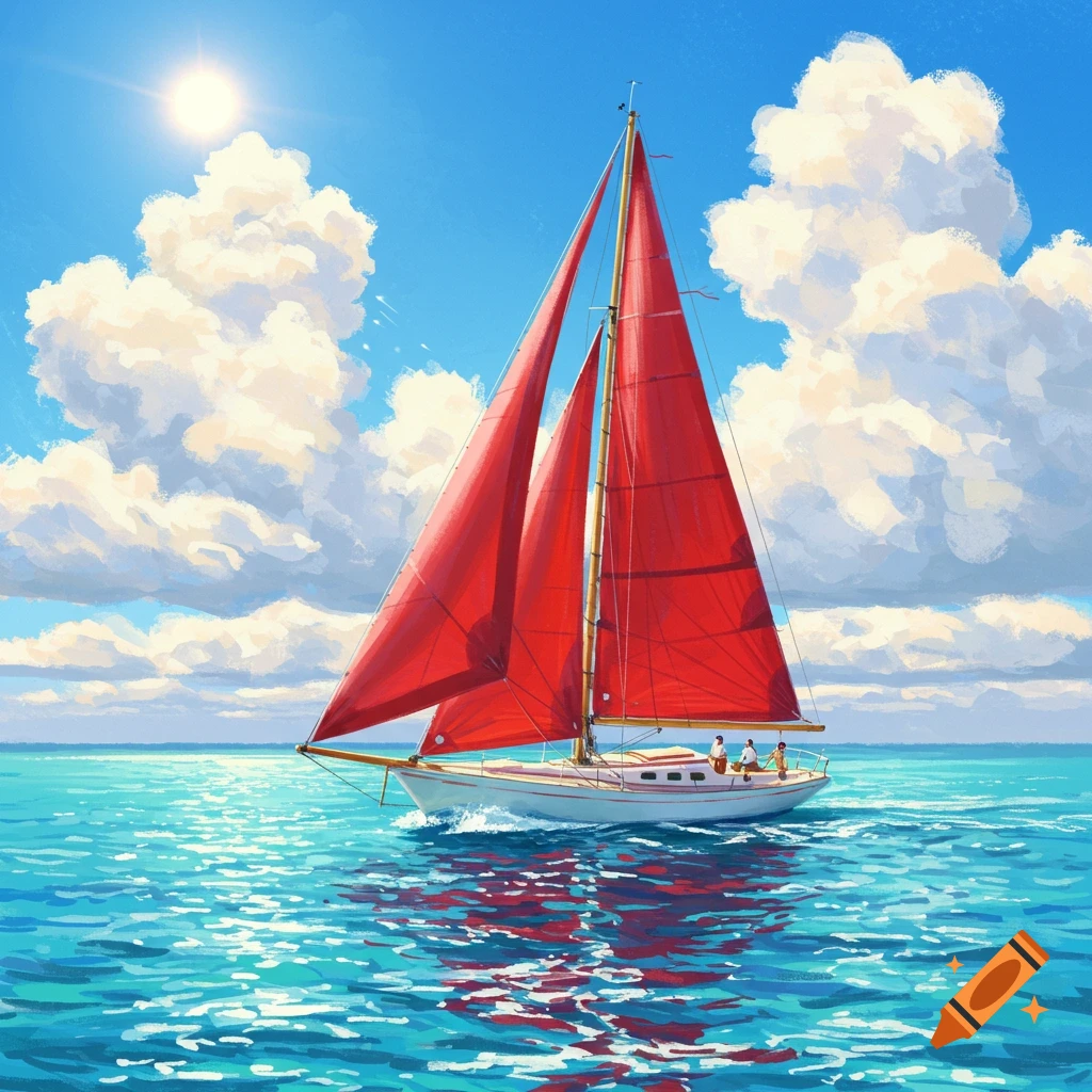 A sailboat with red sails on the water under a sunny sky in a painterly style