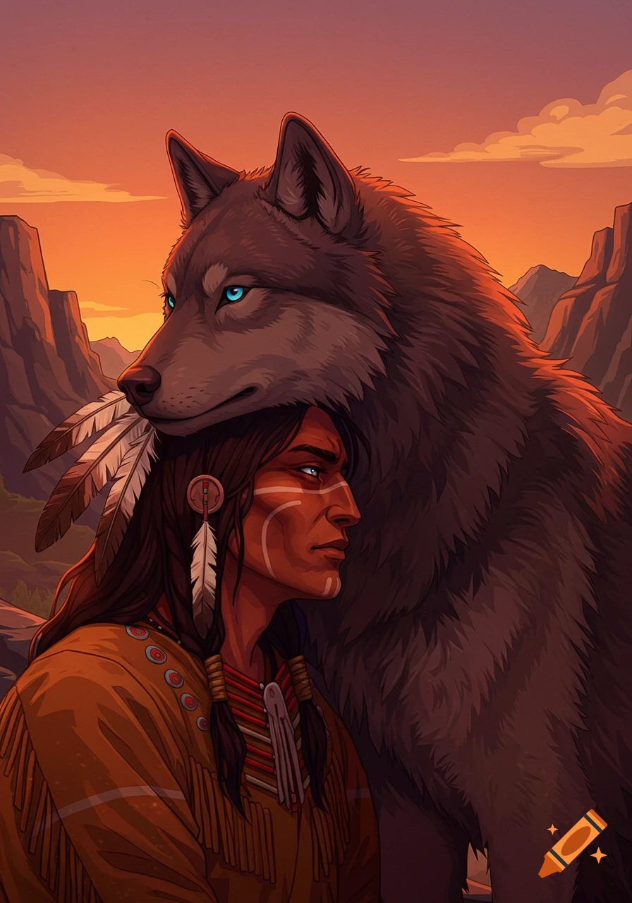 Illustration of a Native American person with face paint standing with a large wolf at sunset