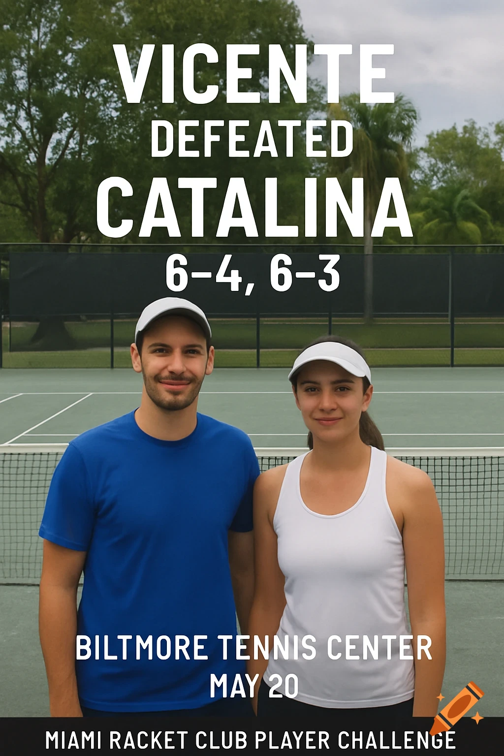 Two tennis players on a court with text showing match results, location, and date.