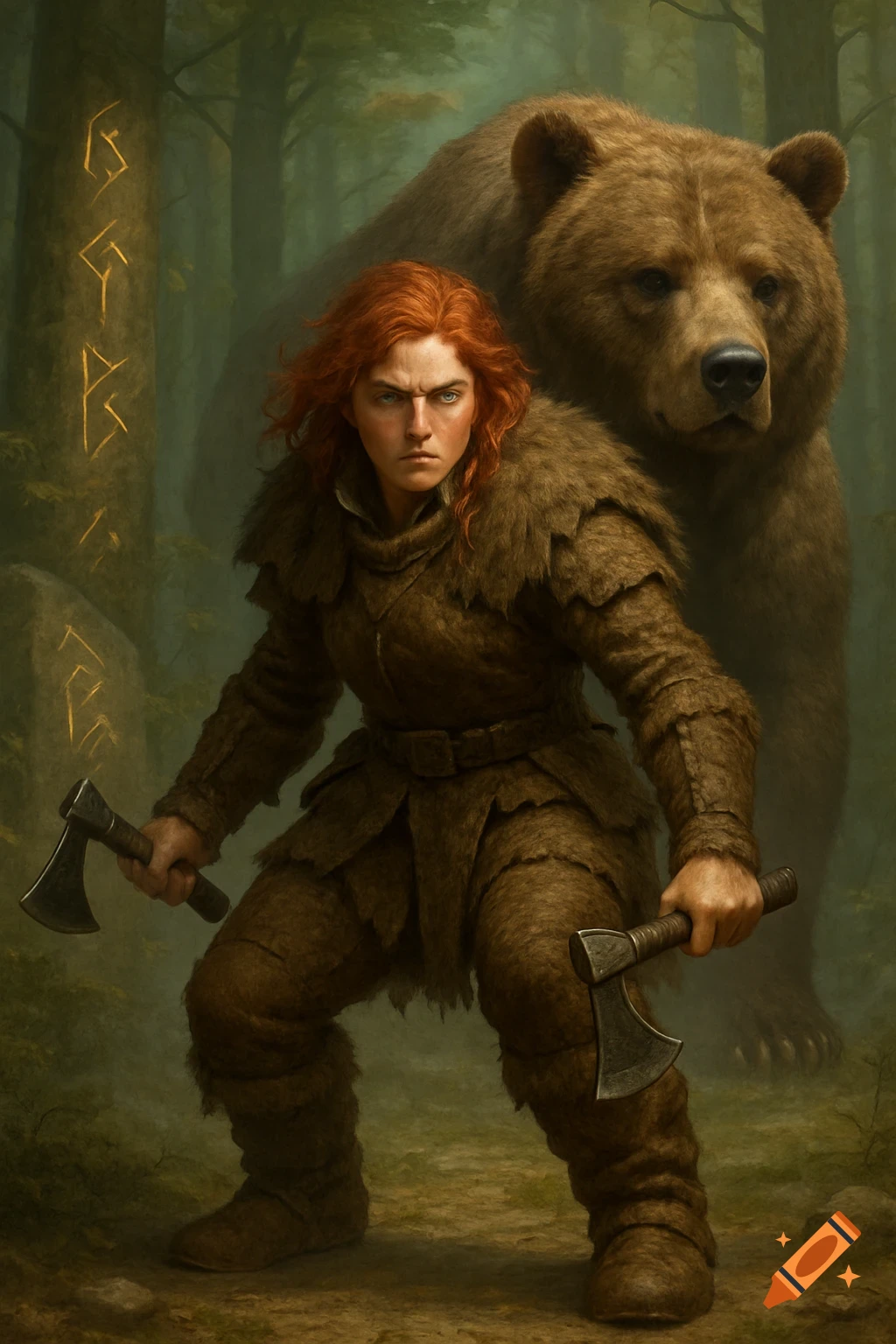 Red-haired female warrior with axes and a bear companion in a forest with glowing runes.