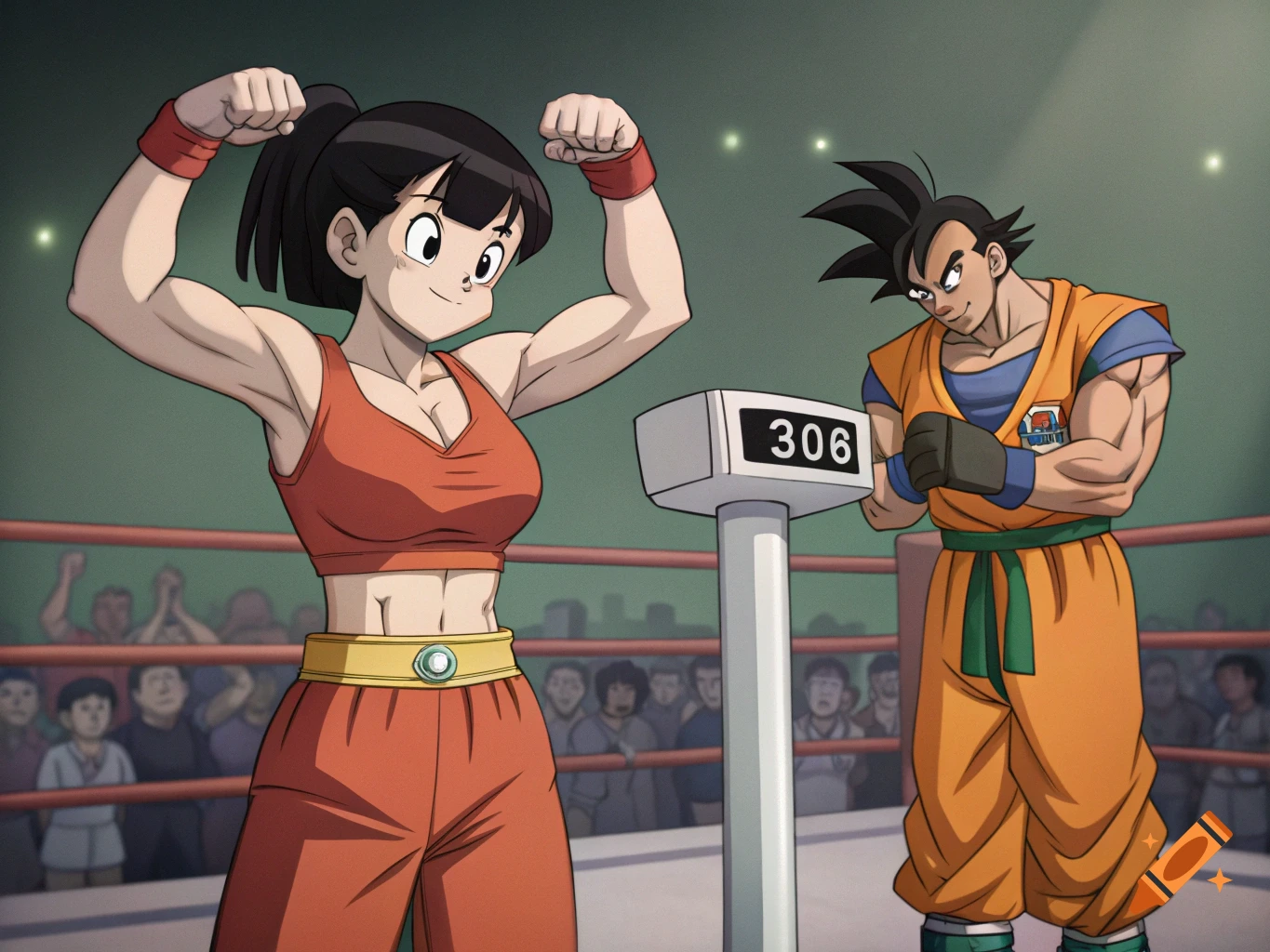 Anime characters Videl flexing and Goku at a weigh-in.