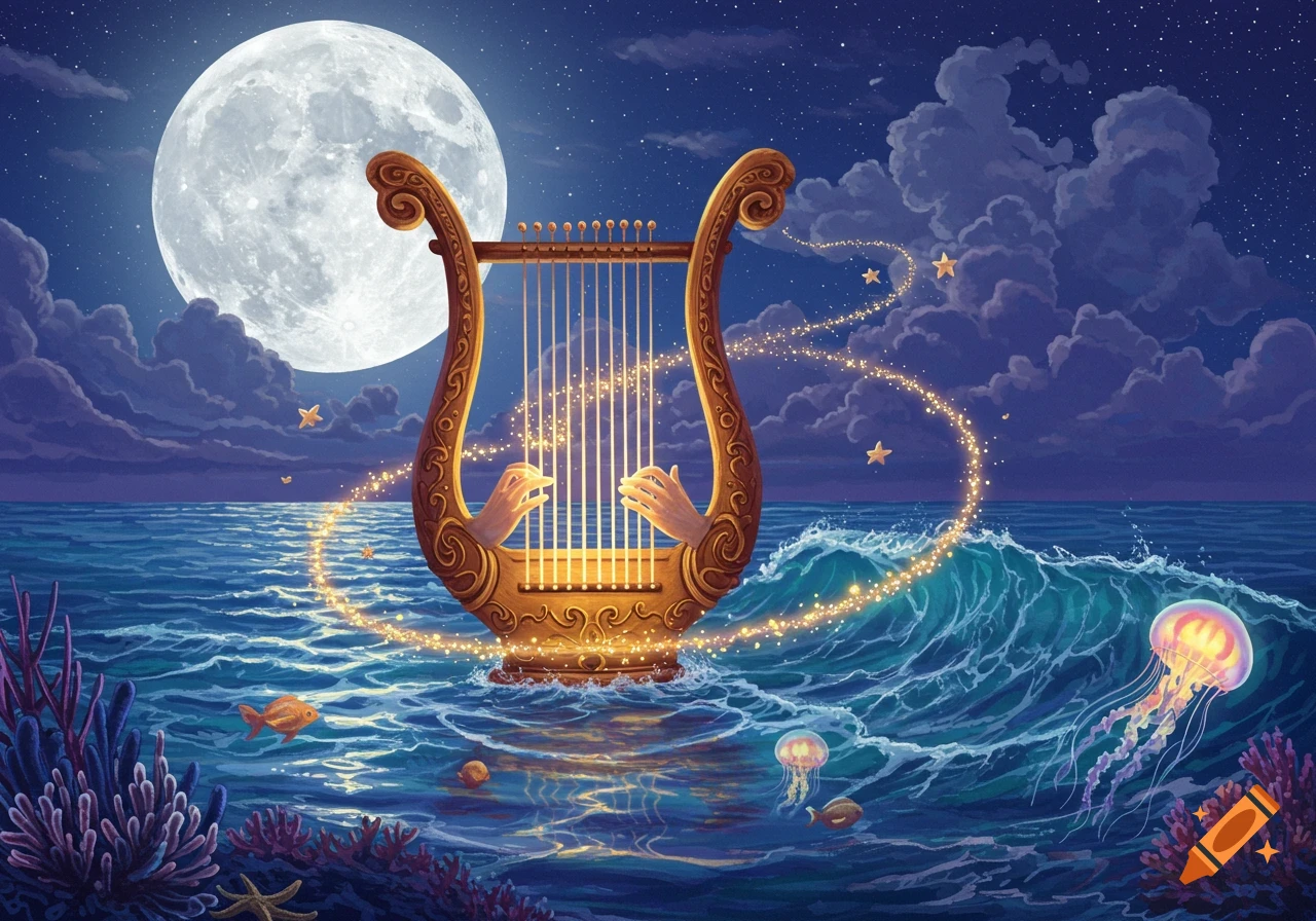 A golden harp floats on the sea under a full moon, played by hands, surrounded by stars, fish, and jellyfish.