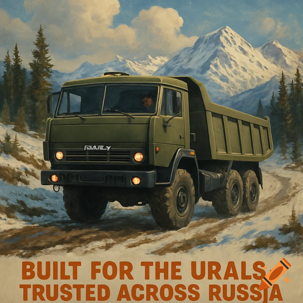 Painted style image of a green dump truck on a snowy mountain road with text below.