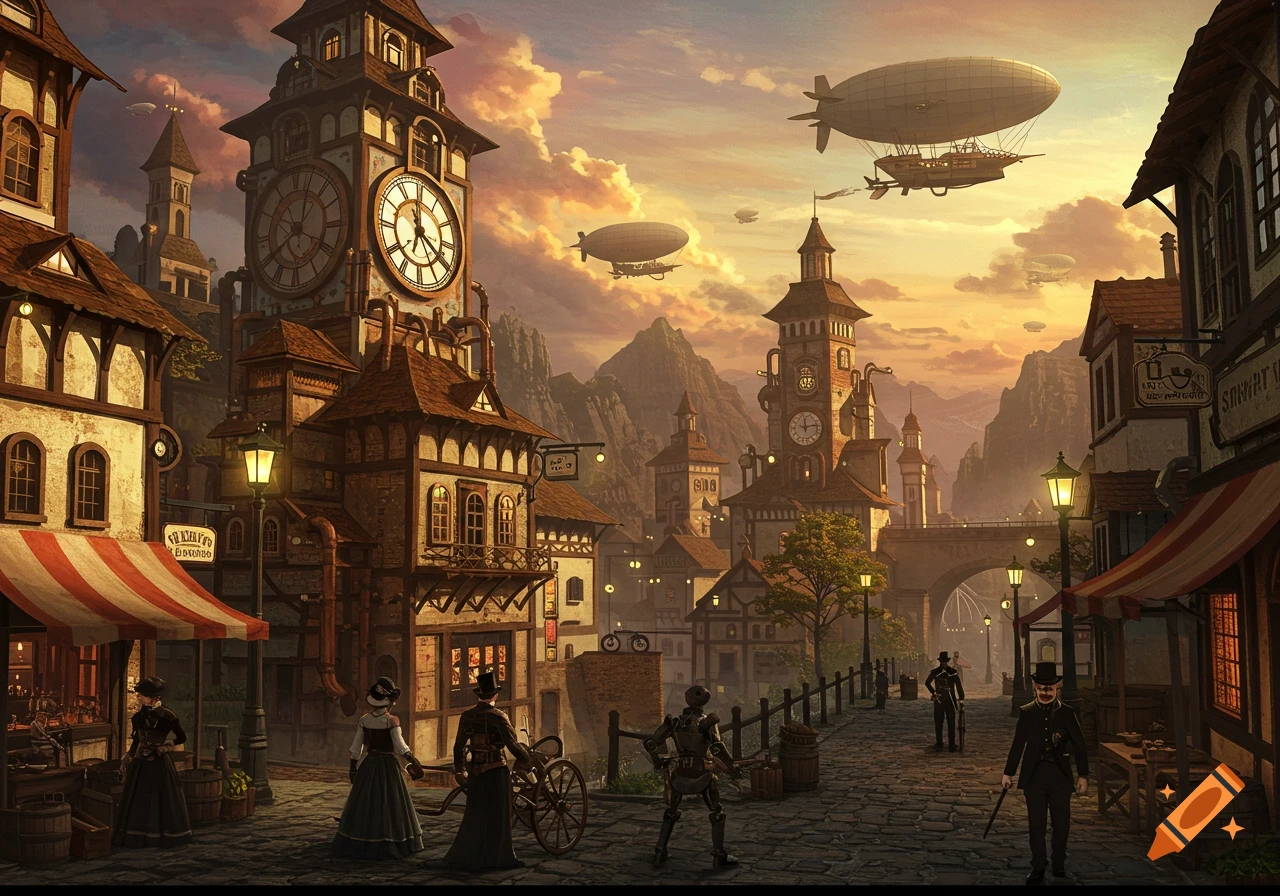 A detailed illustration of a bustling steampunk village at sunset with clock towers, shops, airships, and people.