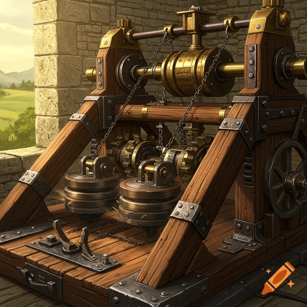 Medieval-style mechanism with weights, gears, and chains near a stone ...