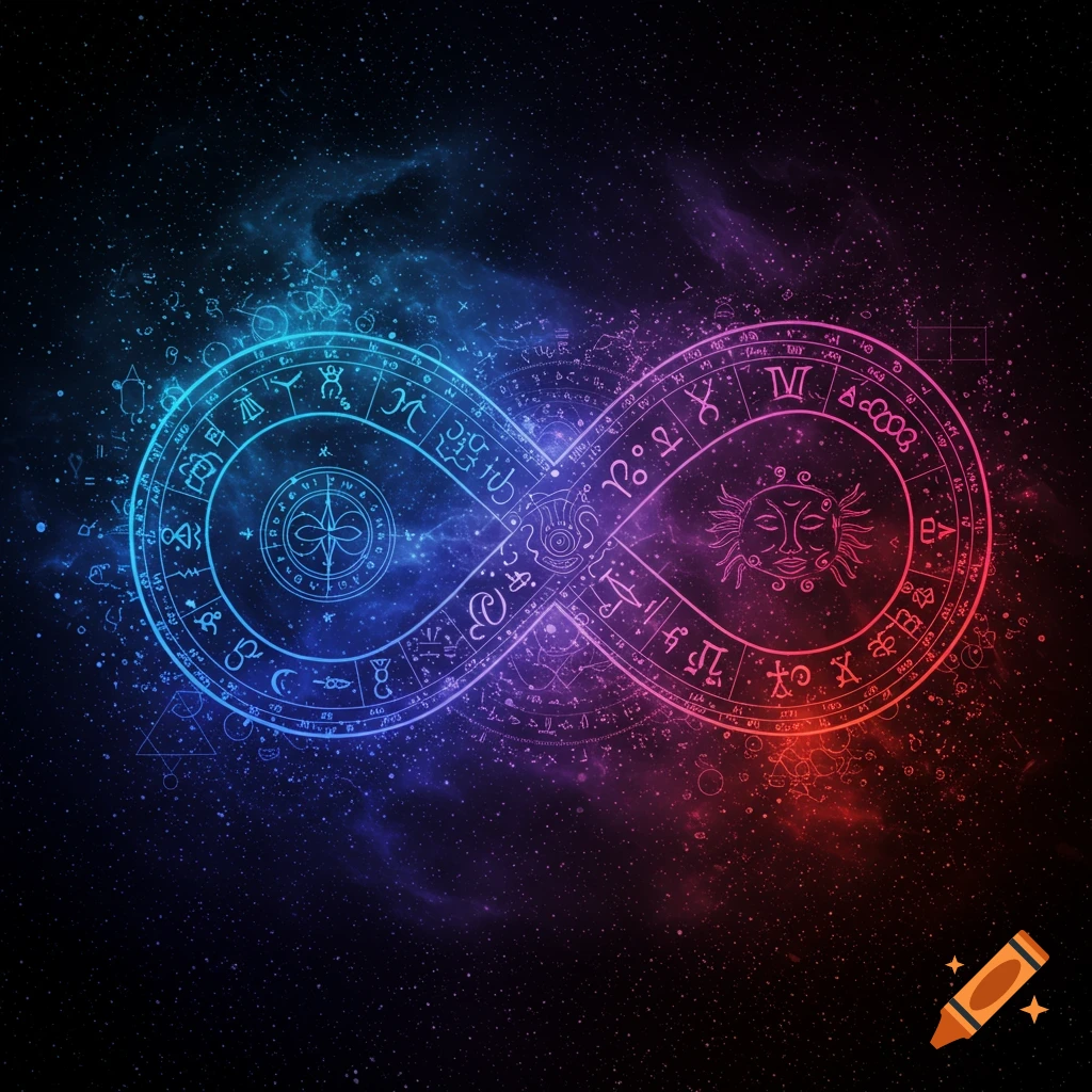 Intricate neon blue and pink infinity sign made of symbols against a starry space background.