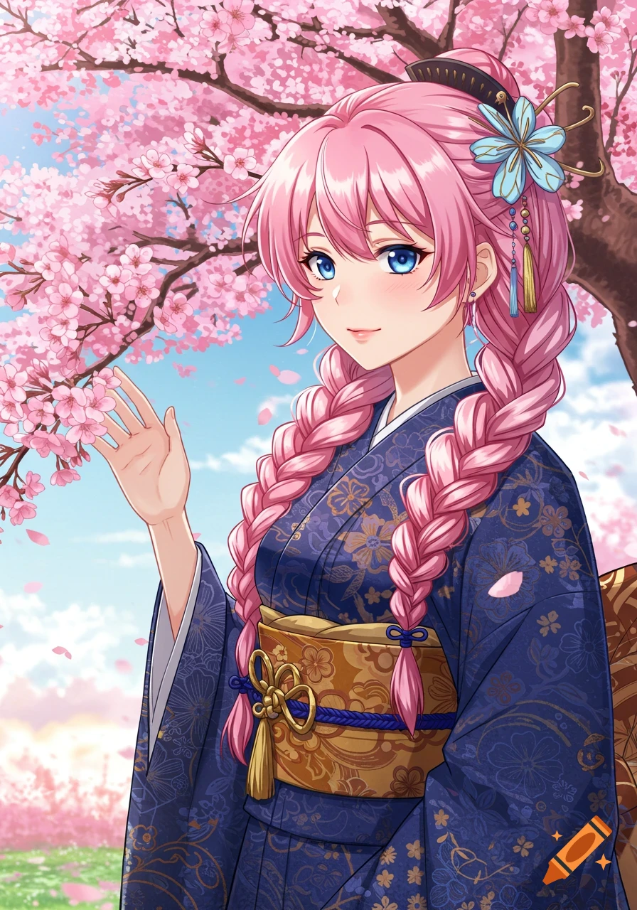 An anime woman in a blue kimono with pink braids stands under a pink cherry blossom tree.