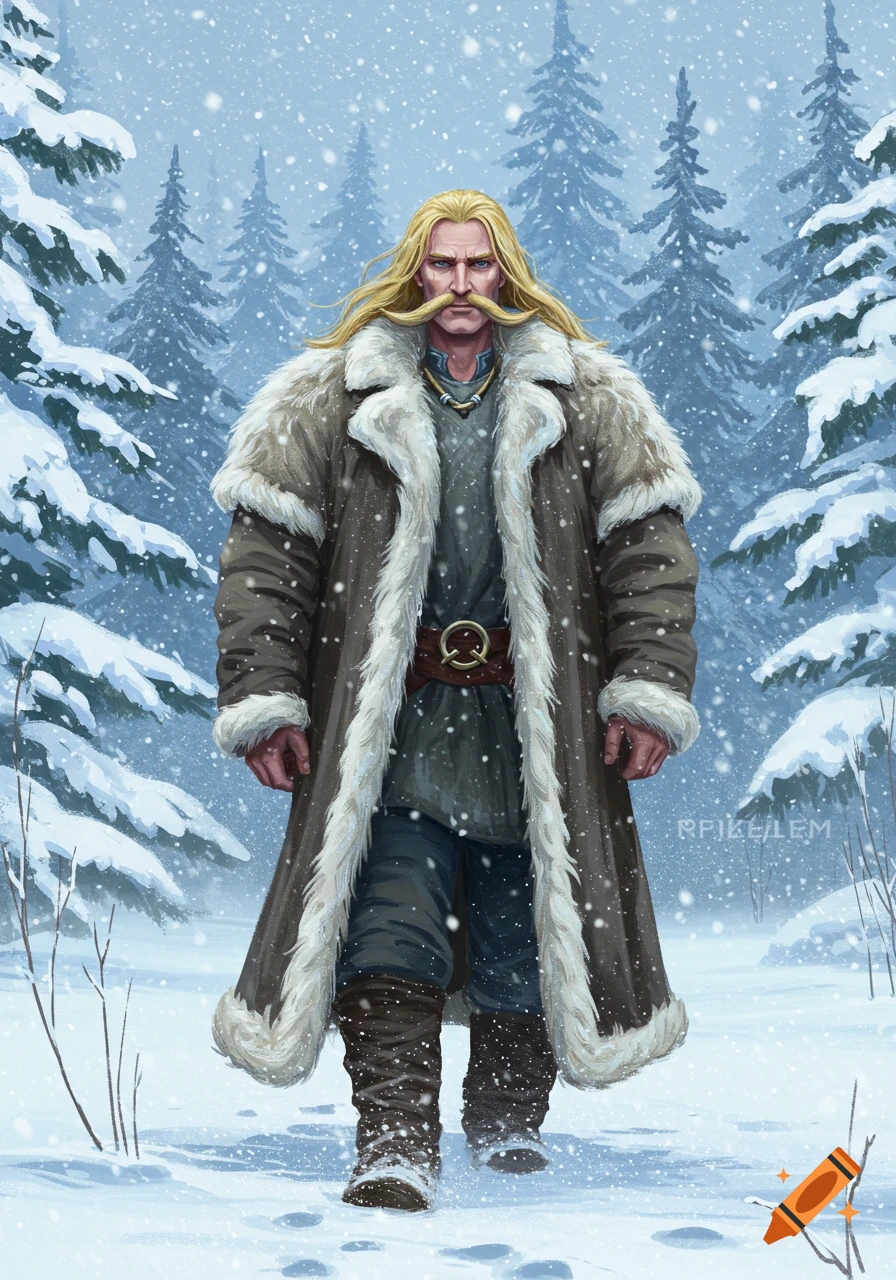 Man with long blonde hair and mustache in a fur coat walks through a snowy forest.