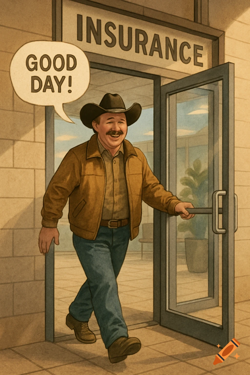 An illustration of a man in a cowboy hat saying 'GOOD DAY!' as he enters an insurance building.
