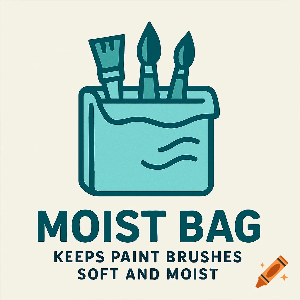 Illustration of a teal bag holding paint brushes with the text 'MOIST BAG' and 'KEEPS PAINT BRUSHES SOFT AND MOIST'.