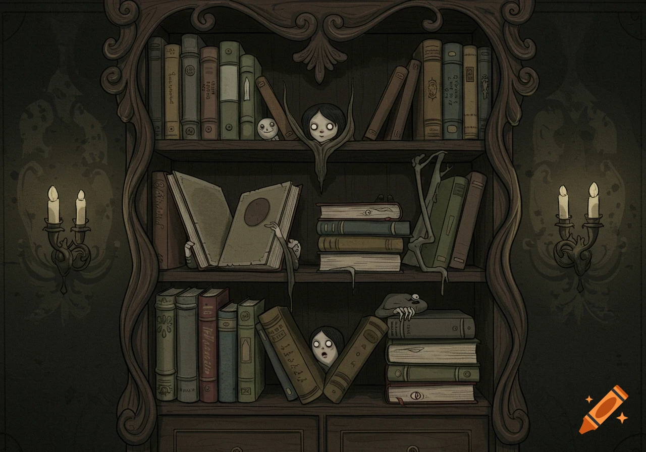An illustration of a dark bookshelf with spooky figures and eyes peering from behind books.