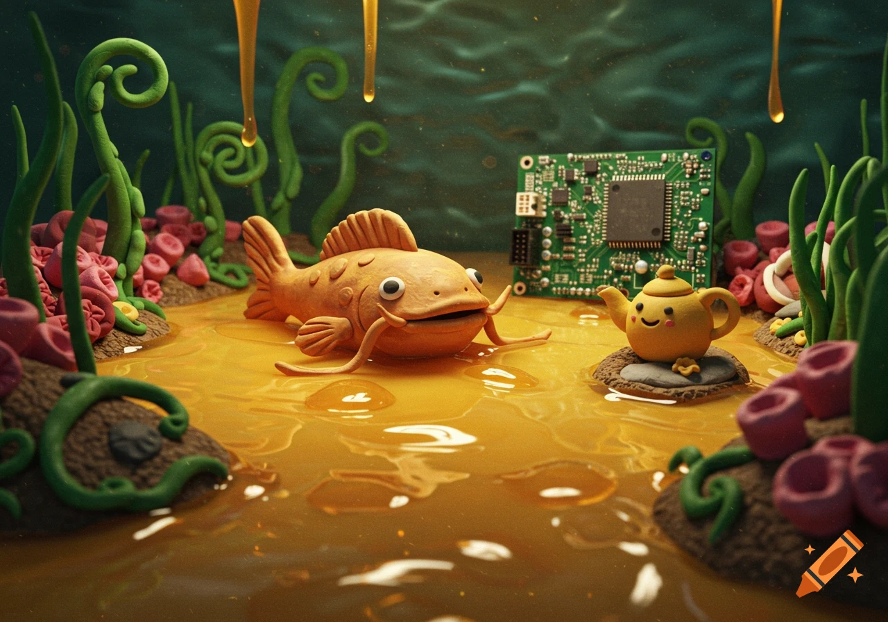A clay model diorama of a catfish and a happy teapot floating in dripping honey with circuitry and plants.