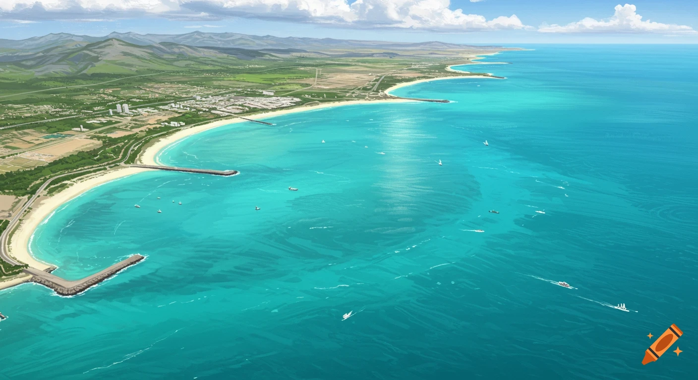 Aerial view of a town along a coastline with boats in blue water and mountains in the distance.