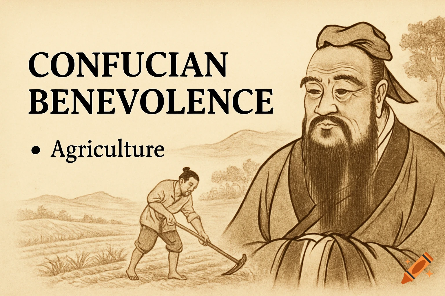 Illustration of Confucius and a farmer with text 'Confucian Benevolence' and 'Agriculture'