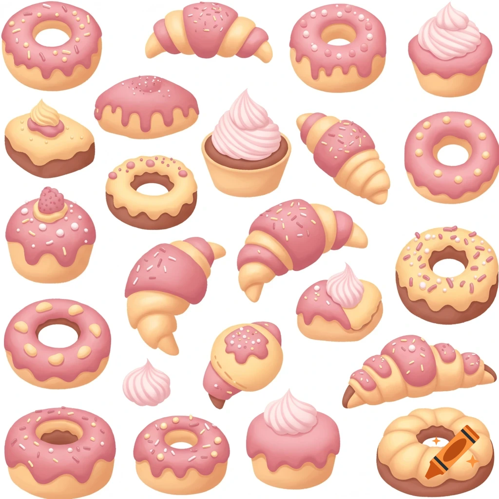 An assortment of pastel pink and yellow donuts, croissants, and cupcakes scattered on a white background.