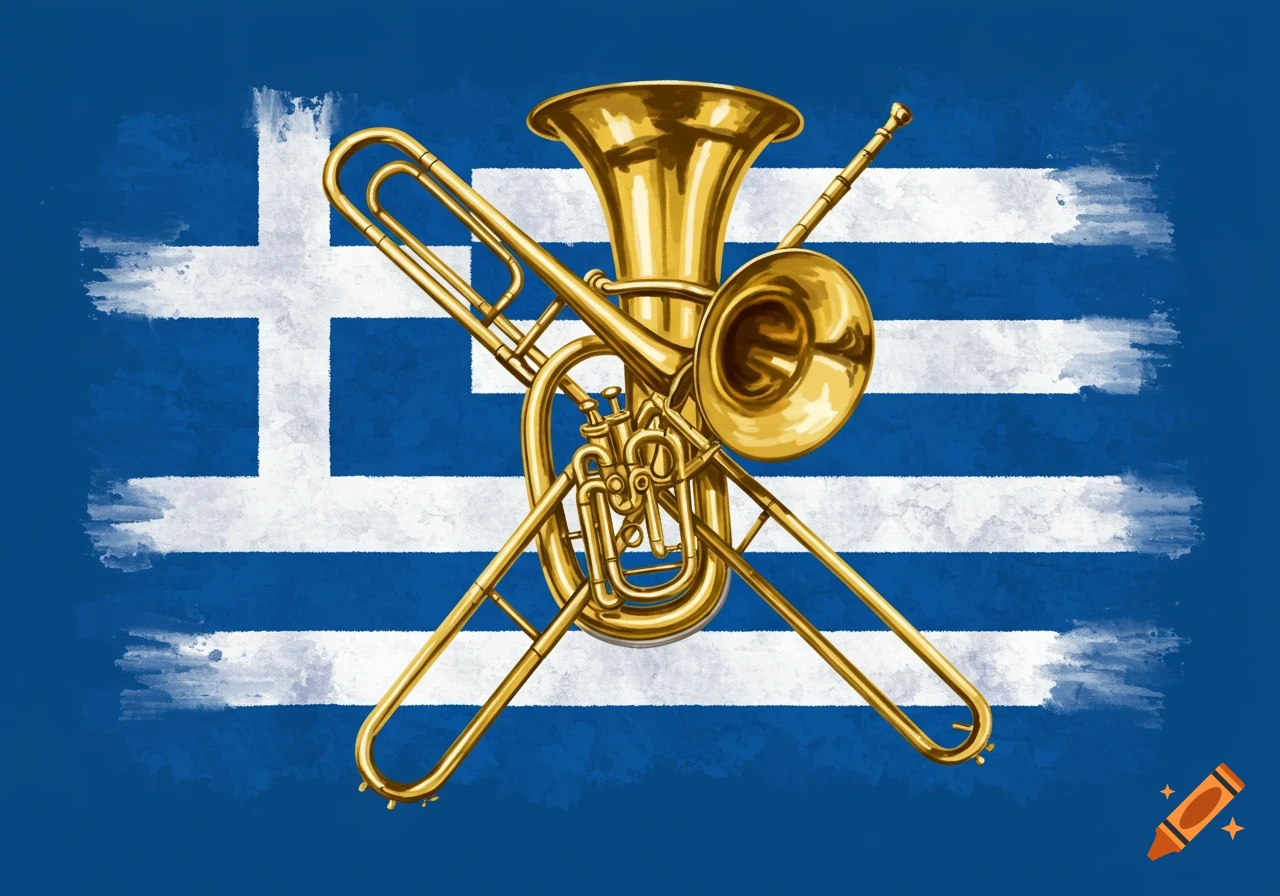 Golden trombone and tuba over a Greek flag background.
