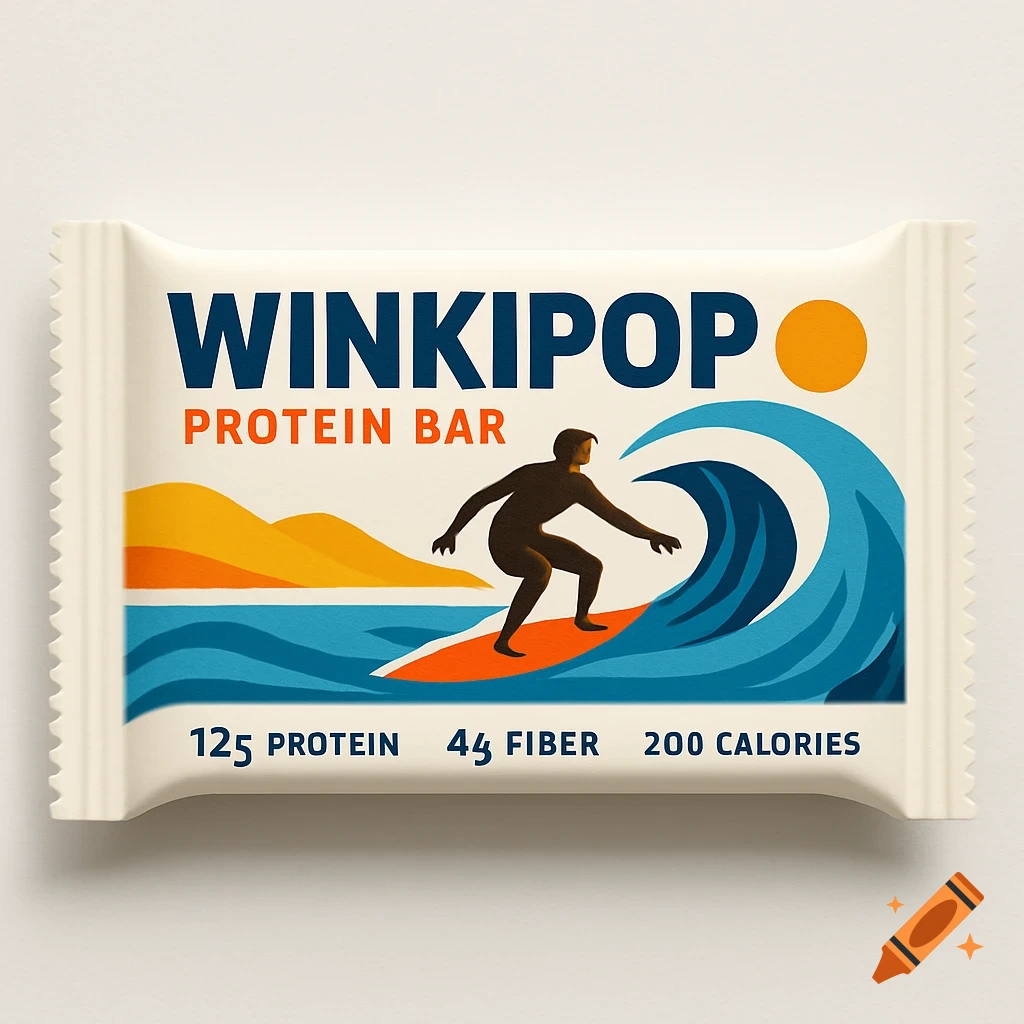 Protein bar wrapper with a retro-style illustration of a surfer on a wave.