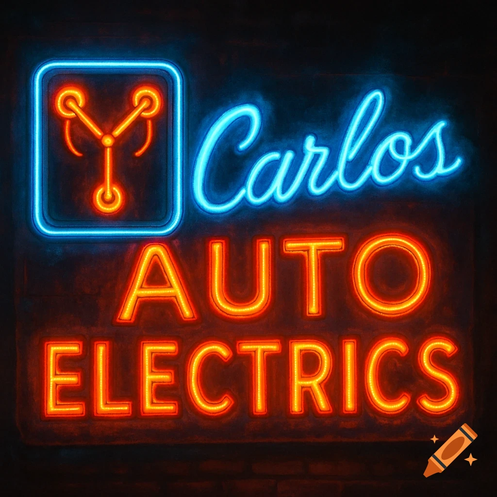 A neon sign for Carlos Auto Electrics featuring a blue flux capacitor icon and orange text.