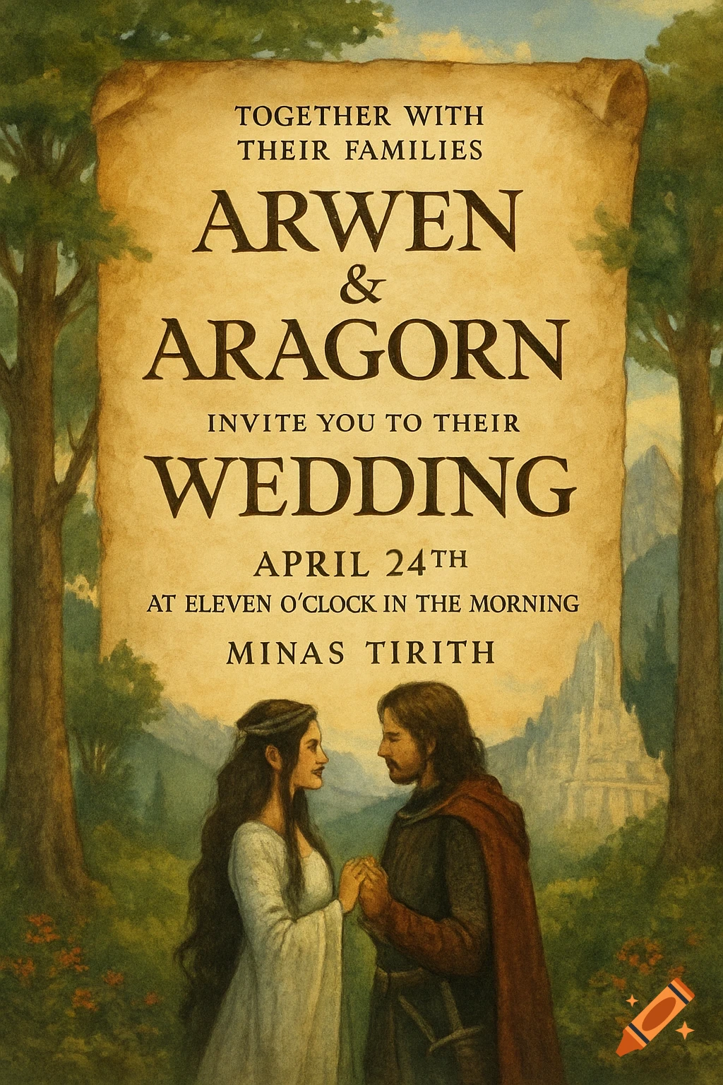 A fantasy wedding invitation for Arwen and Aragorn, with text on a scroll above them.
