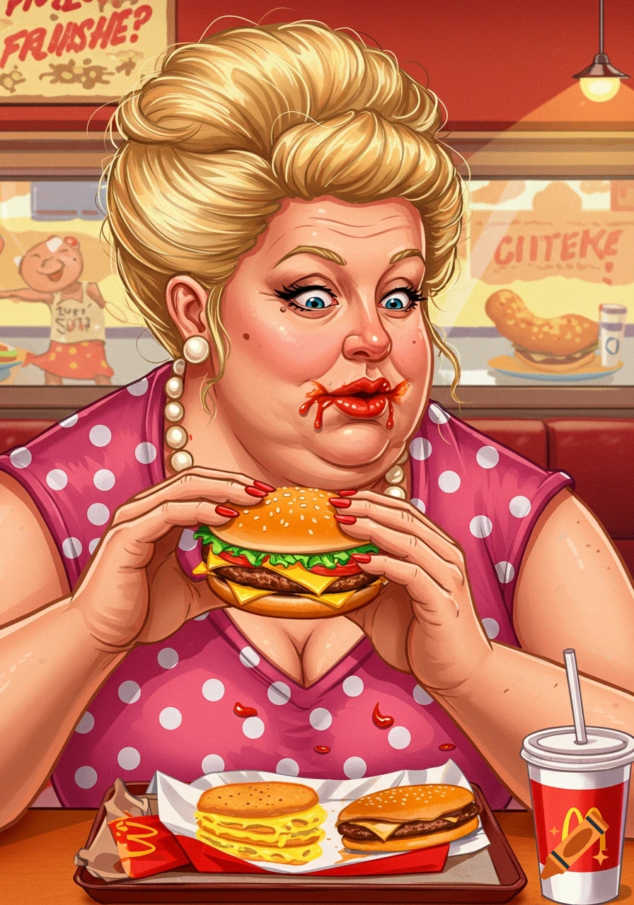 Cartoon illustration of a person messily eating a hamburger at a fast-food restaurant