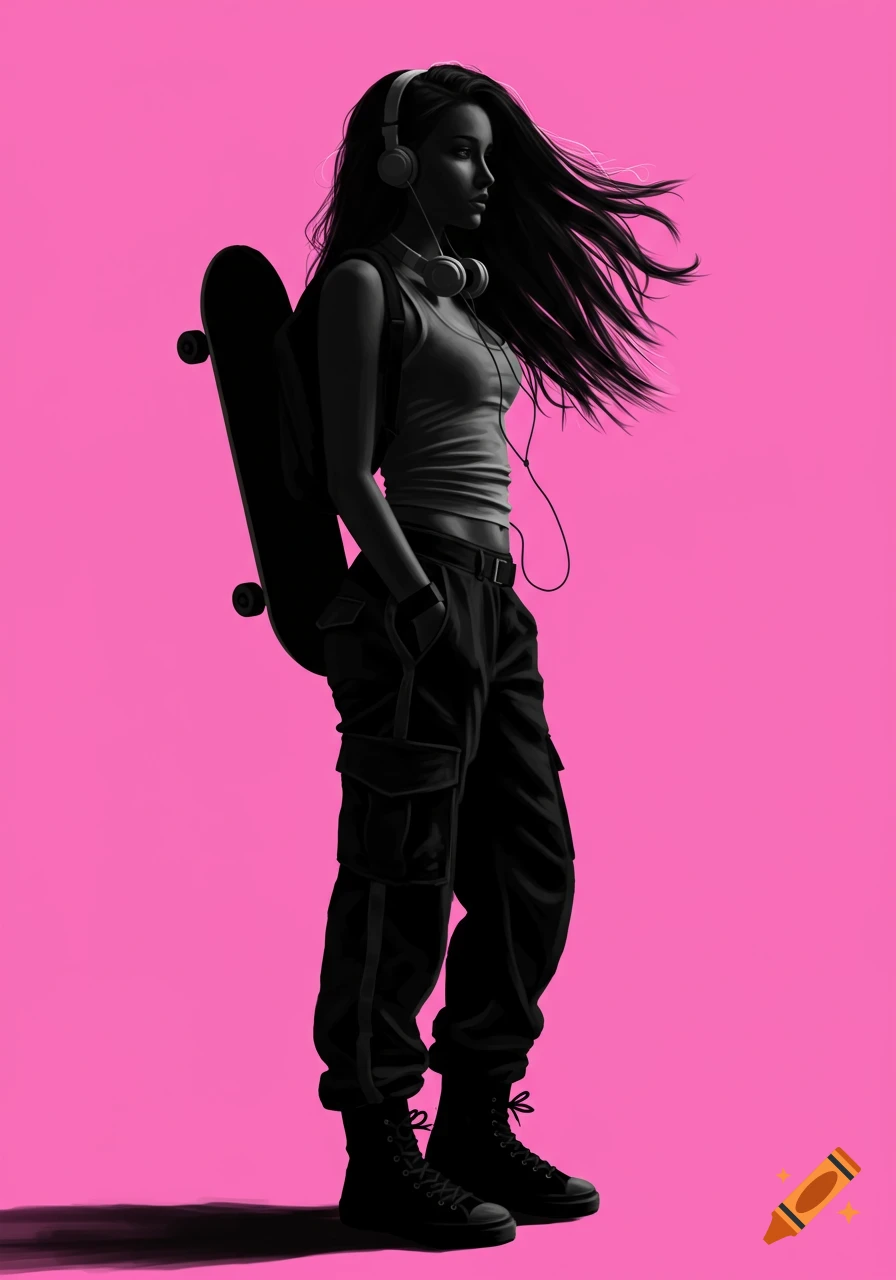 A stylized illustration of a girl holding a skateboard, wearing headphones and cargo pants against a pink background.