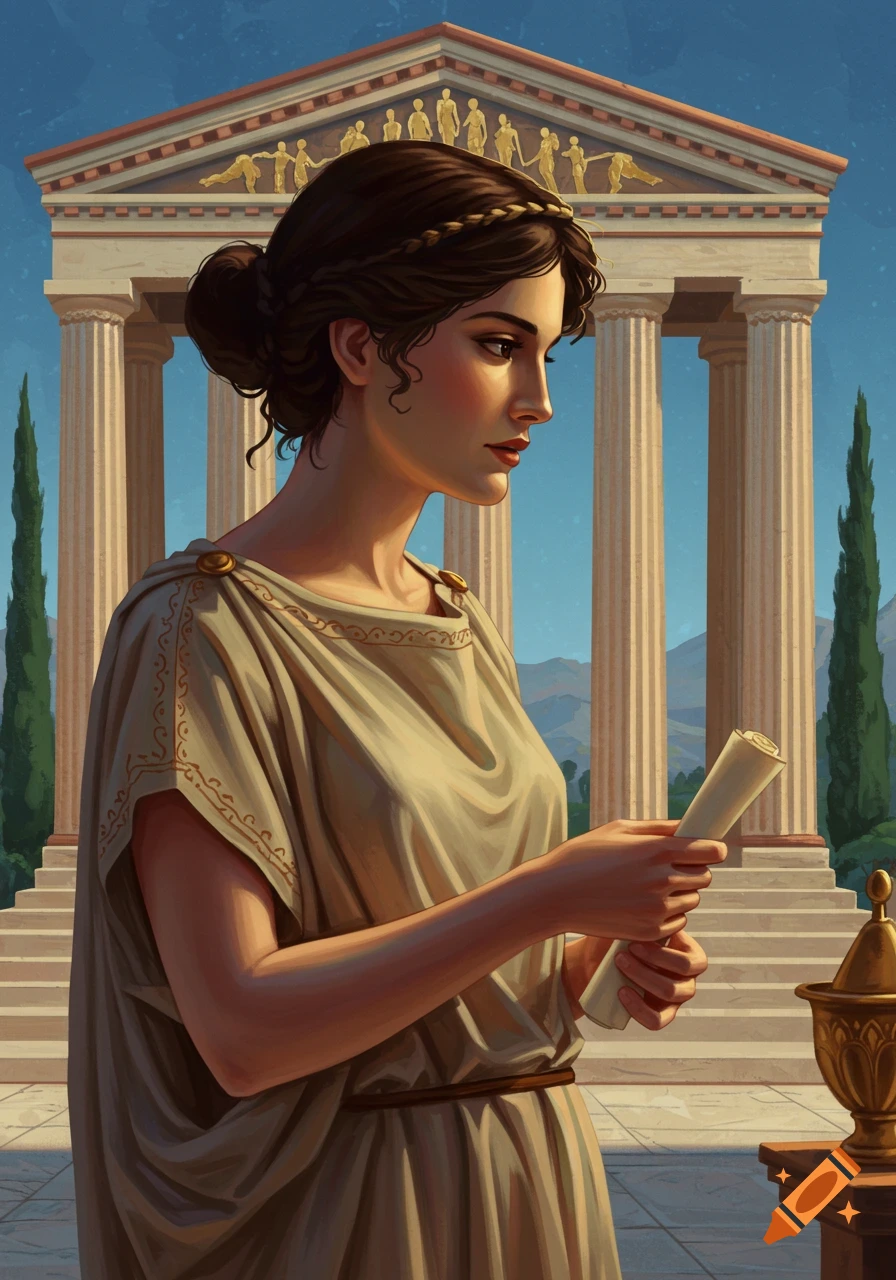 A woman in ancient Greek attire holds a scroll before a classical temple. Painted illustration.