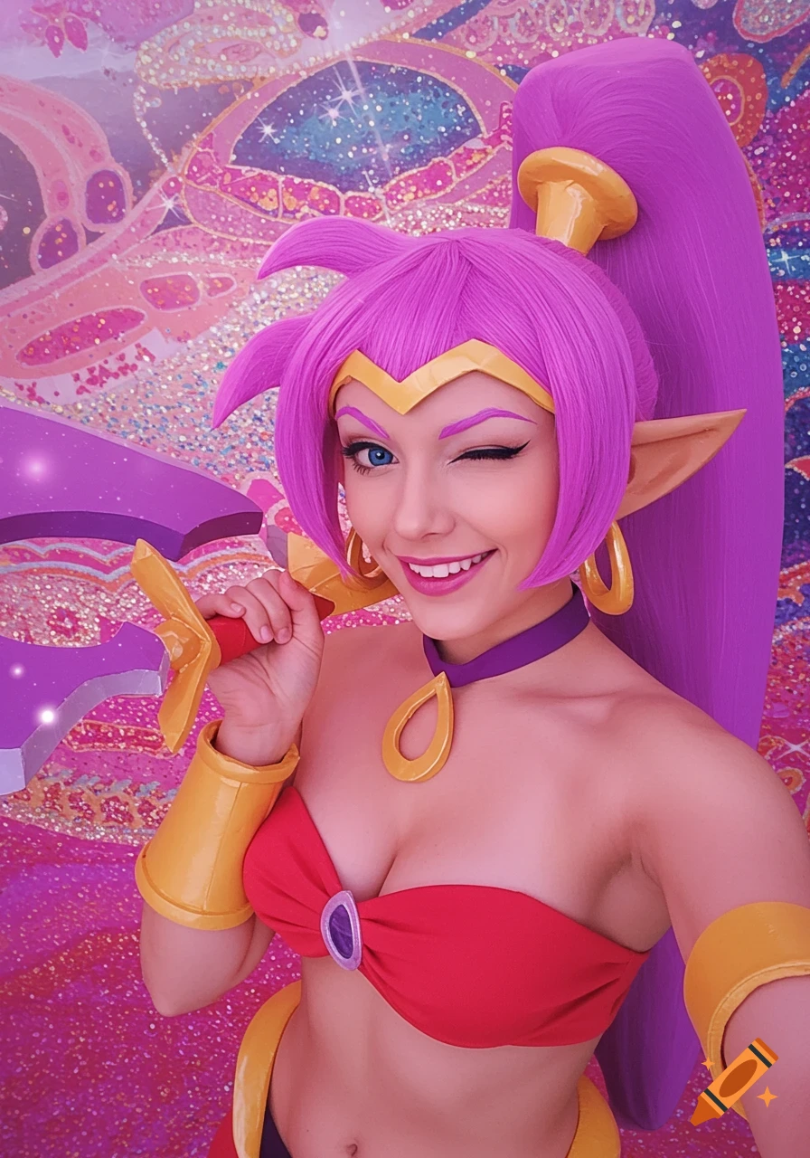 Selfie photo of a woman cosplaying as Shantae, winking and smiling