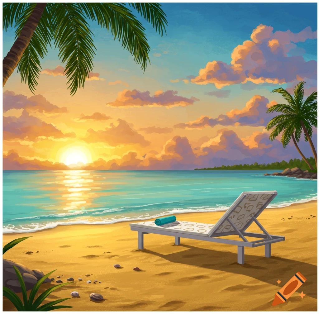 Illustration of a tropical beach at sunset with a sunbed and palm trees ...