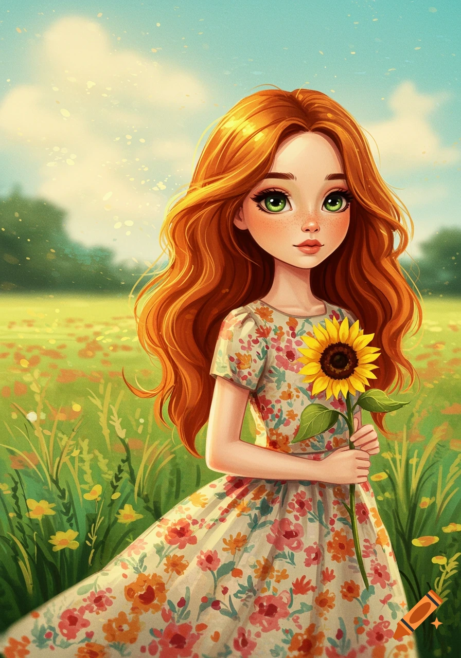 Illustration of a red-haired girl holding a sunflower in a field of flowers
