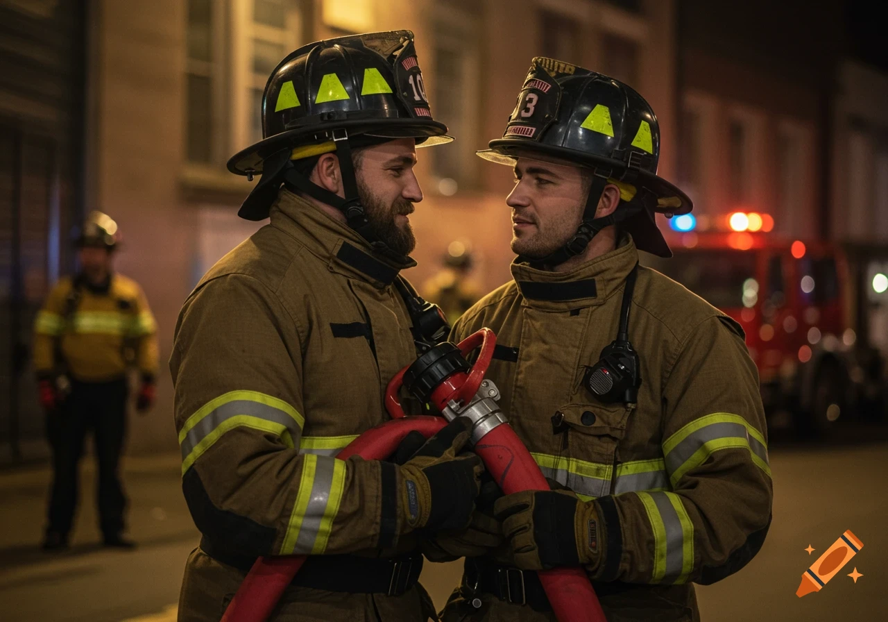 Two firefighters look at each other while holding a fire hose, with a fire truck in the background. Photorealistic.