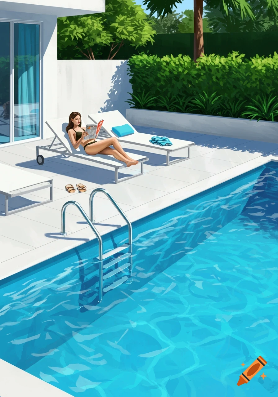 Woman in bikini reads magazine on lounge chair by a swimming pool