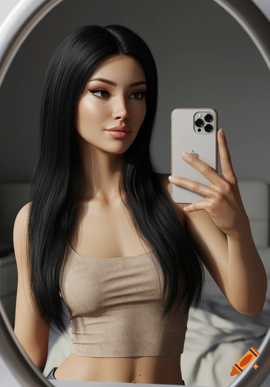 Realistic portrait of a woman with black hair taking a mirror selfie with an iPhone.