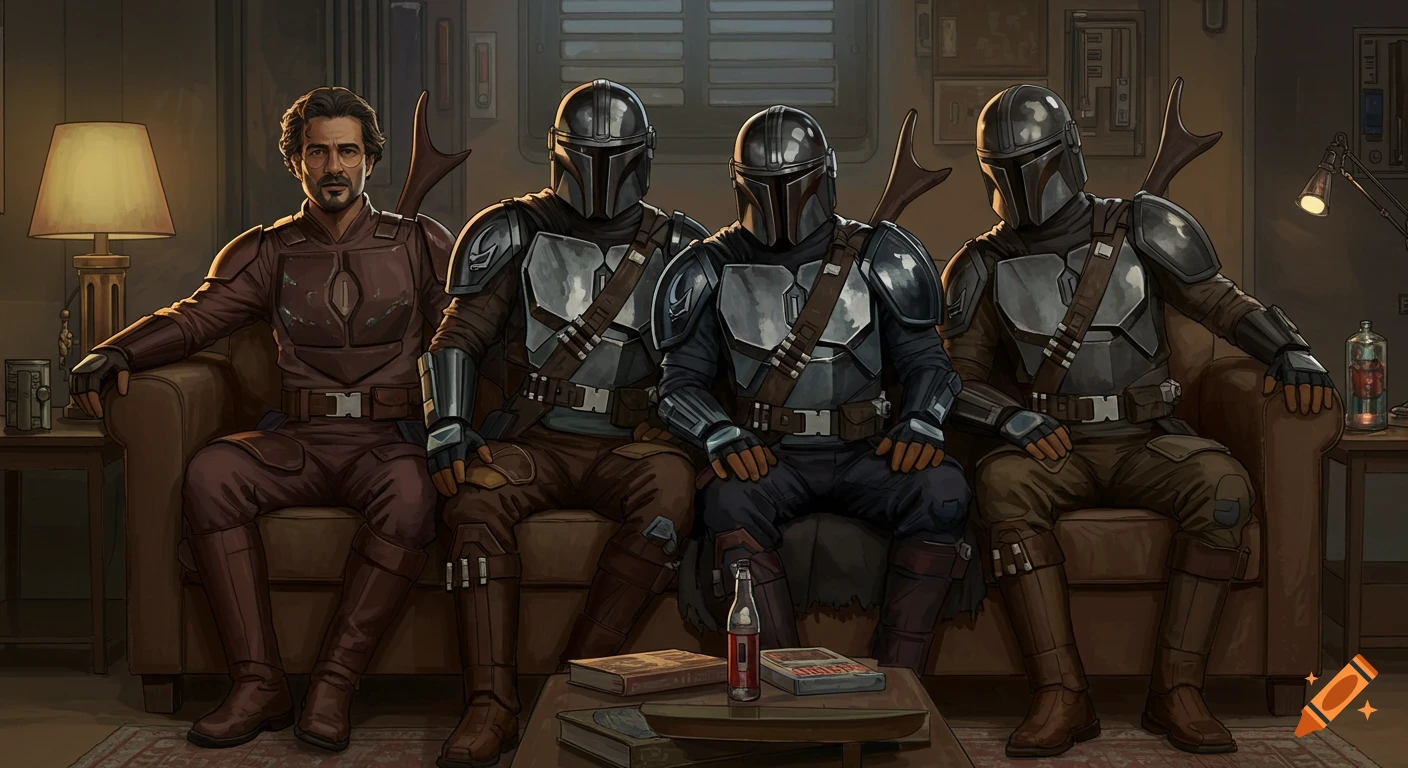 Four figures, three in Mandalorian armor and one human-like, sit on a couch in a dimly lit room like friends hanging out.