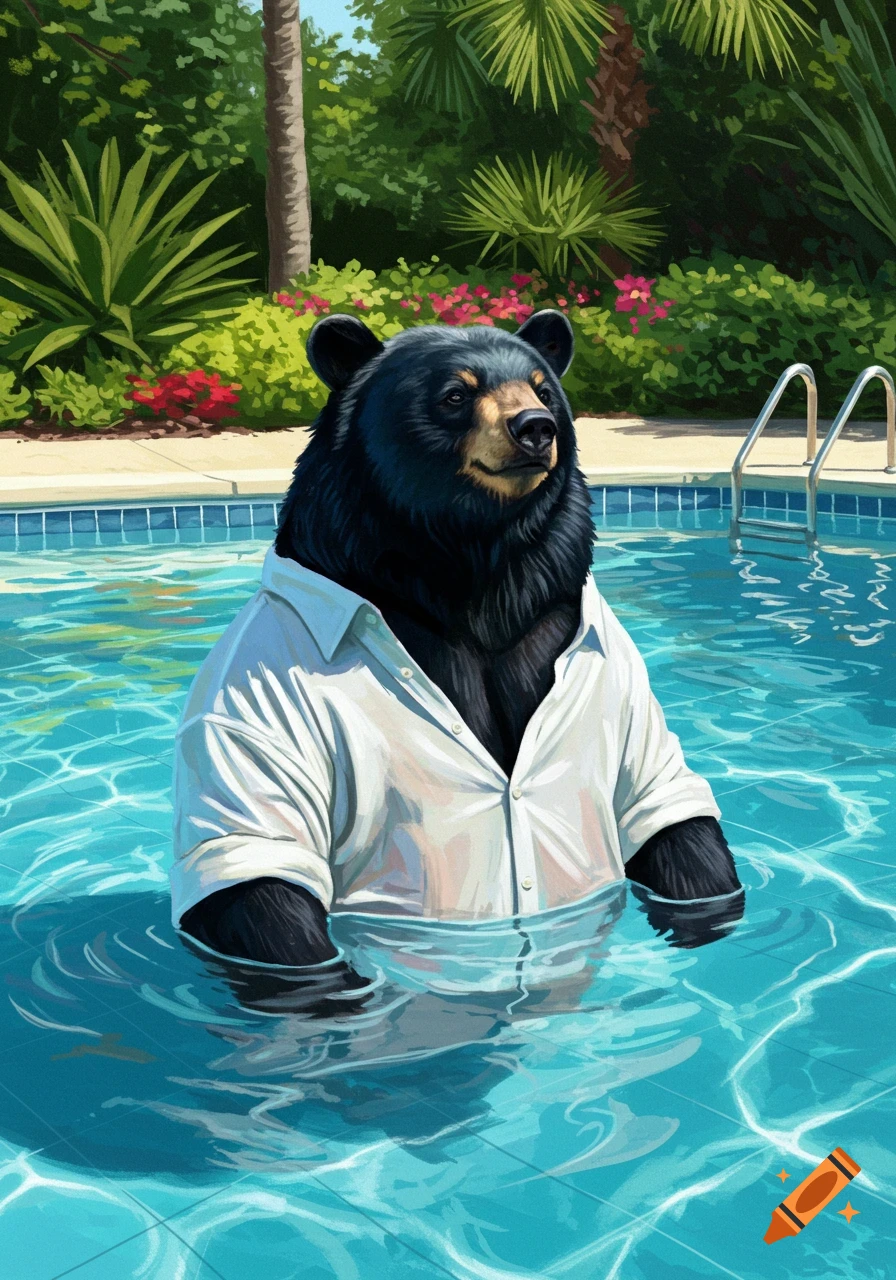 Illustration of a black bear in a white shirt standing in a swimming pool surrounded by tropical greenery.
