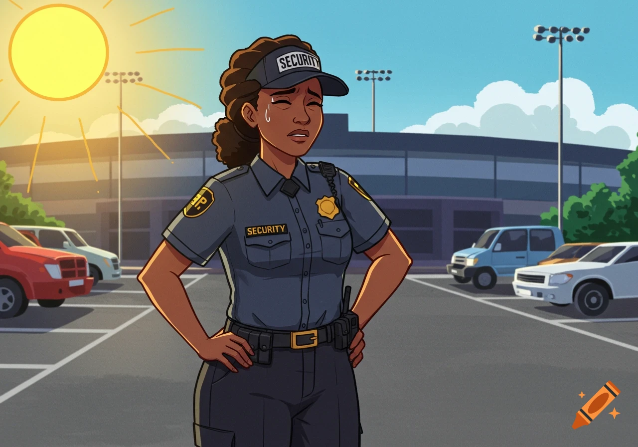 Clipart of an African American female security officer showing heat stress in a sunny stadium parking lot.