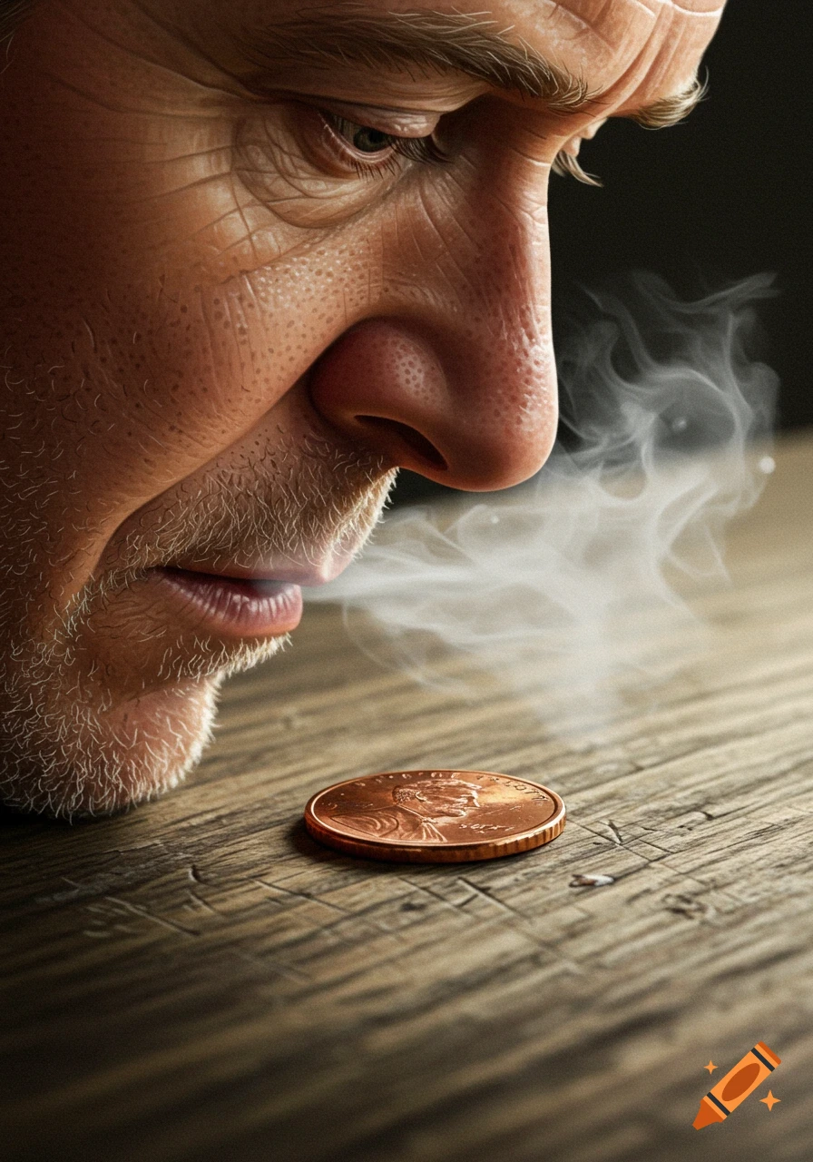 Close-up of a man breathing steam onto a penny on a wooden table.