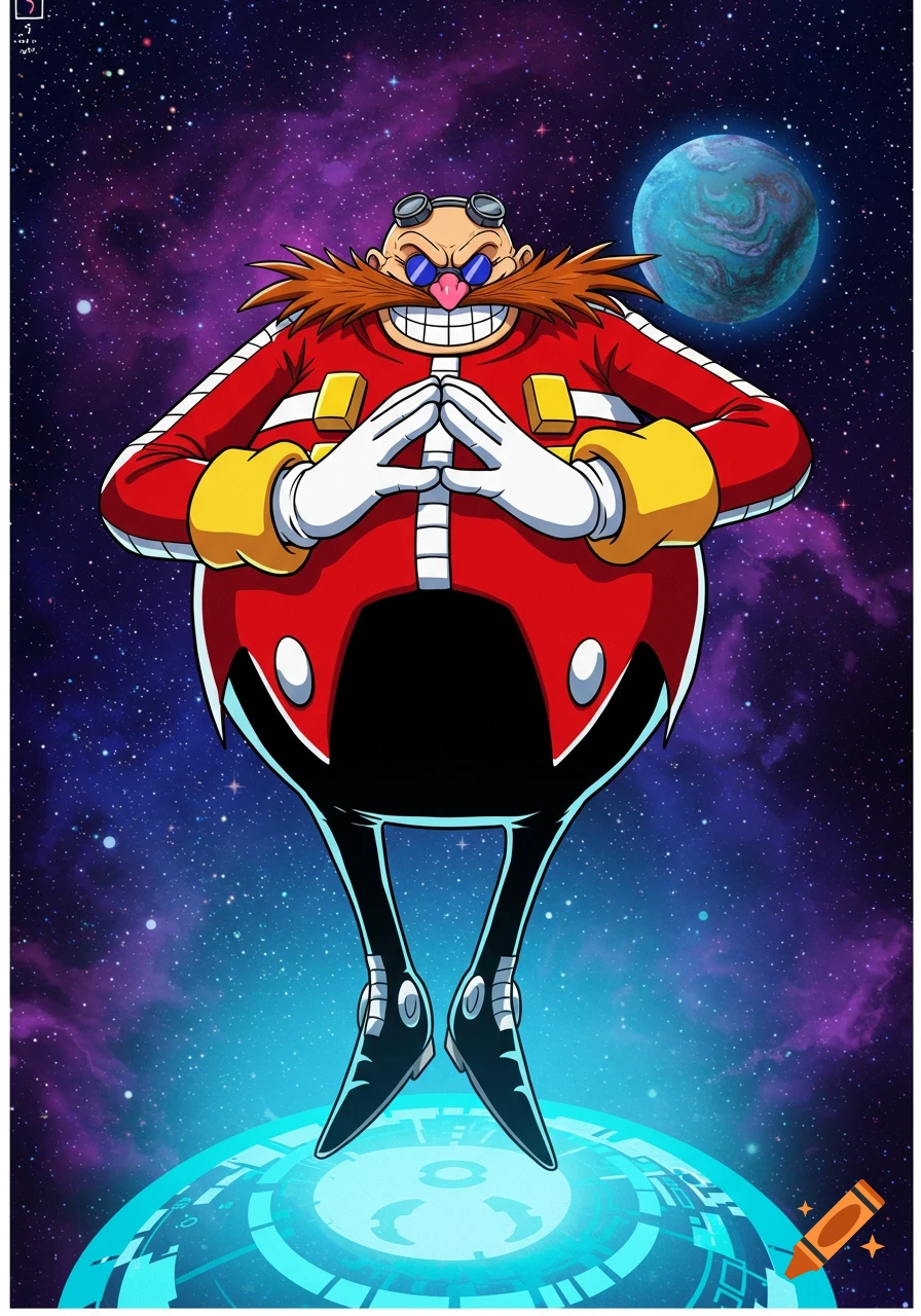 Cartoon of Eggman standing on a glowing platform in space with a planet behind him.